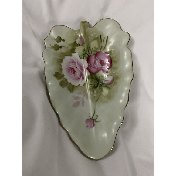 Lefton Heritage Green Pink Cabbage Roses Leaf Dish #1860 Gold Trim Japan Vtg - Picture 2 of 11